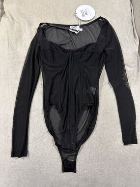 Princess Polly Black Sheer Long-Sleeve Mesh Bodysuit with Underwire